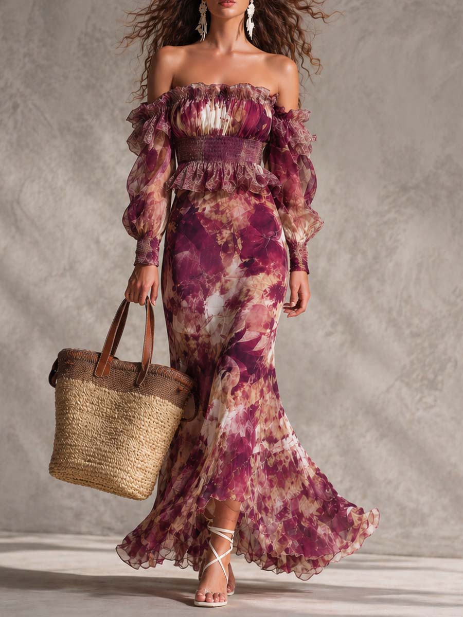 Vestido maxi rosa palo de gasa con estampado floral y hombros descubiertos