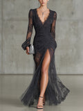 Maxivestido gris oscuro de encaje, fruncido, transparente, con mangas largas y abertura