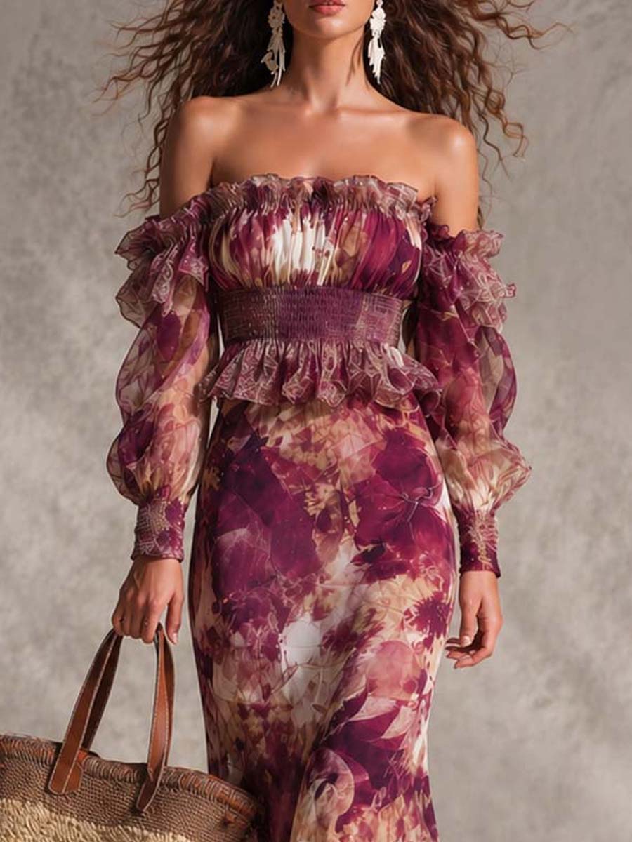 Vestido maxi rosa palo de gasa con estampado floral y hombros descubiertos