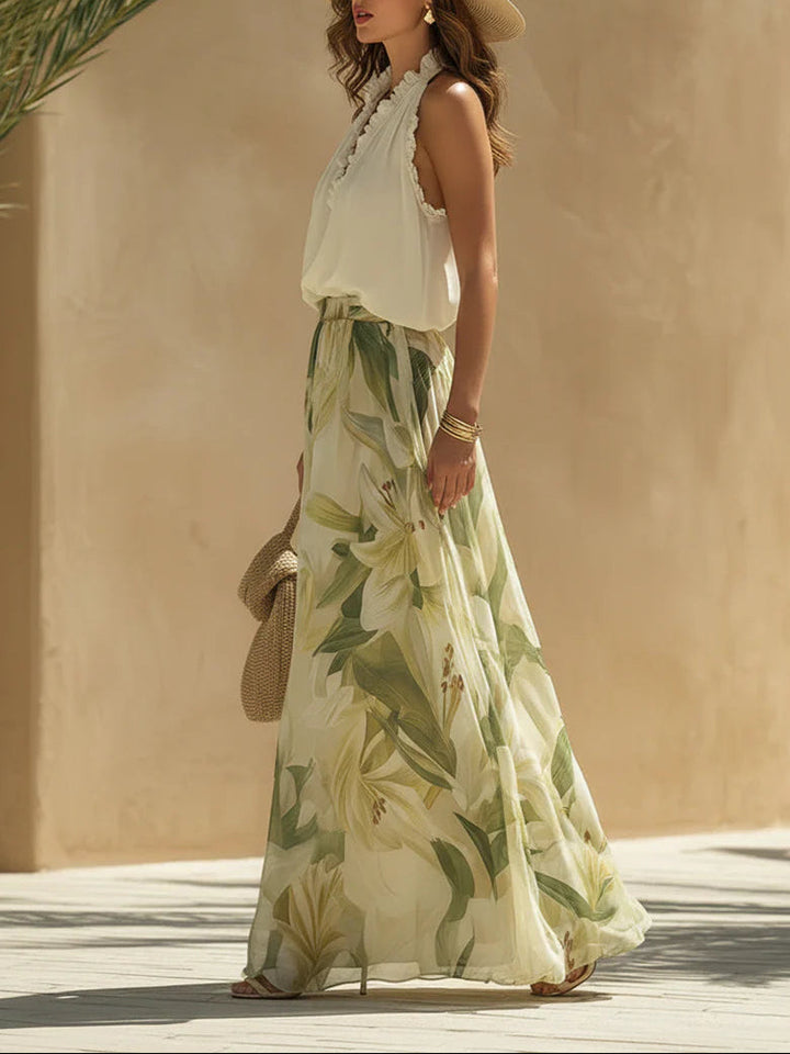 Conjunto de Top de Chifón con Volantes Lila y Pantalones Estampados de Lirios