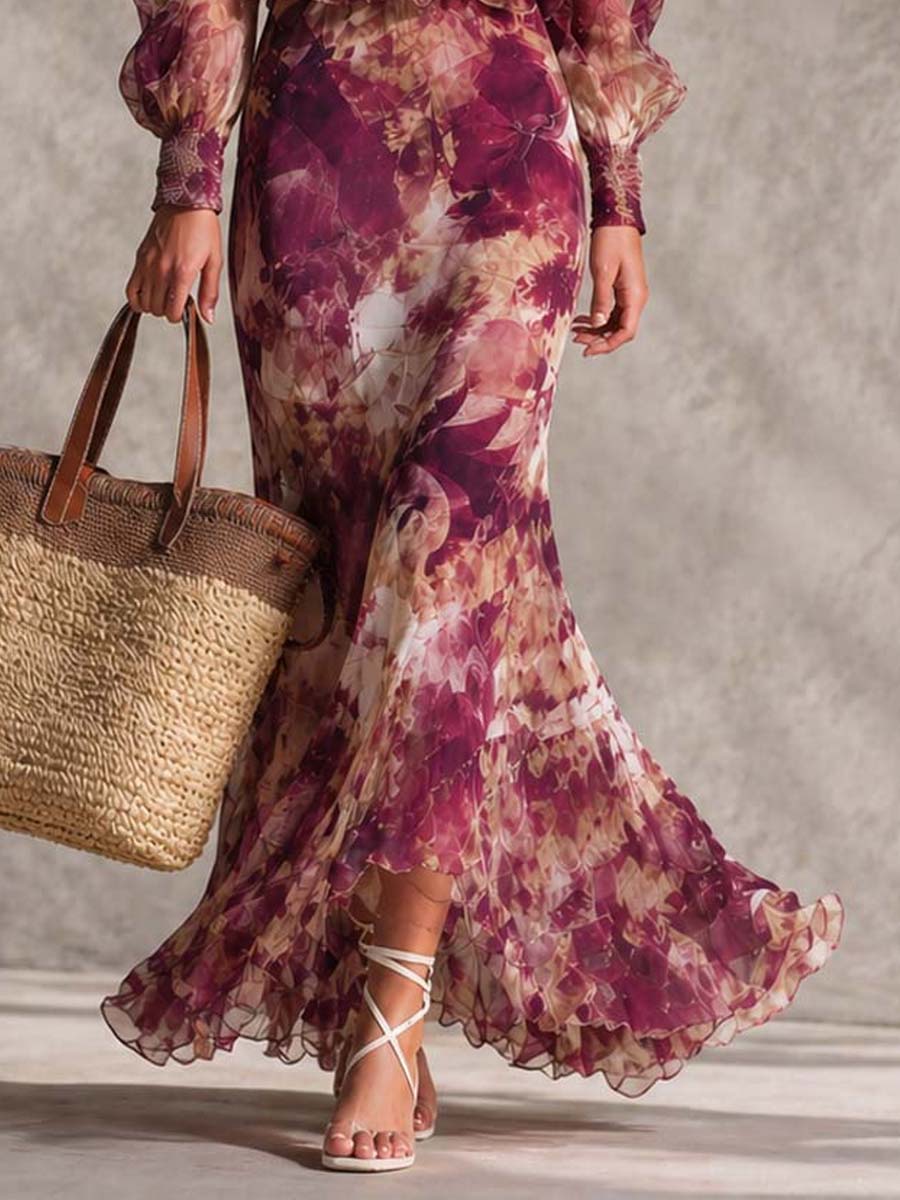 Vestido maxi rosa palo de gasa con estampado floral y hombros descubiertos
