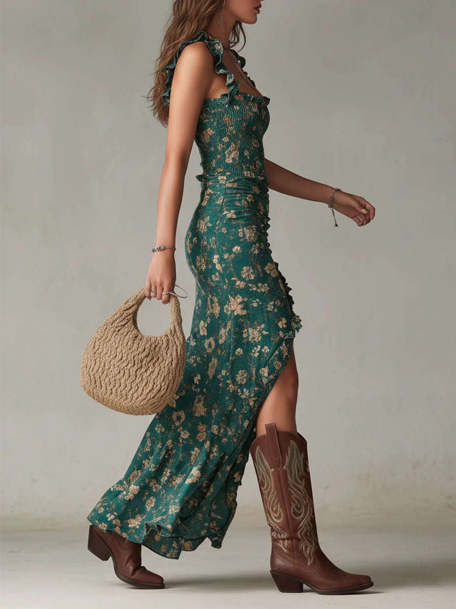 Vestido maxi verde bohemio estampado con mangas con volantes