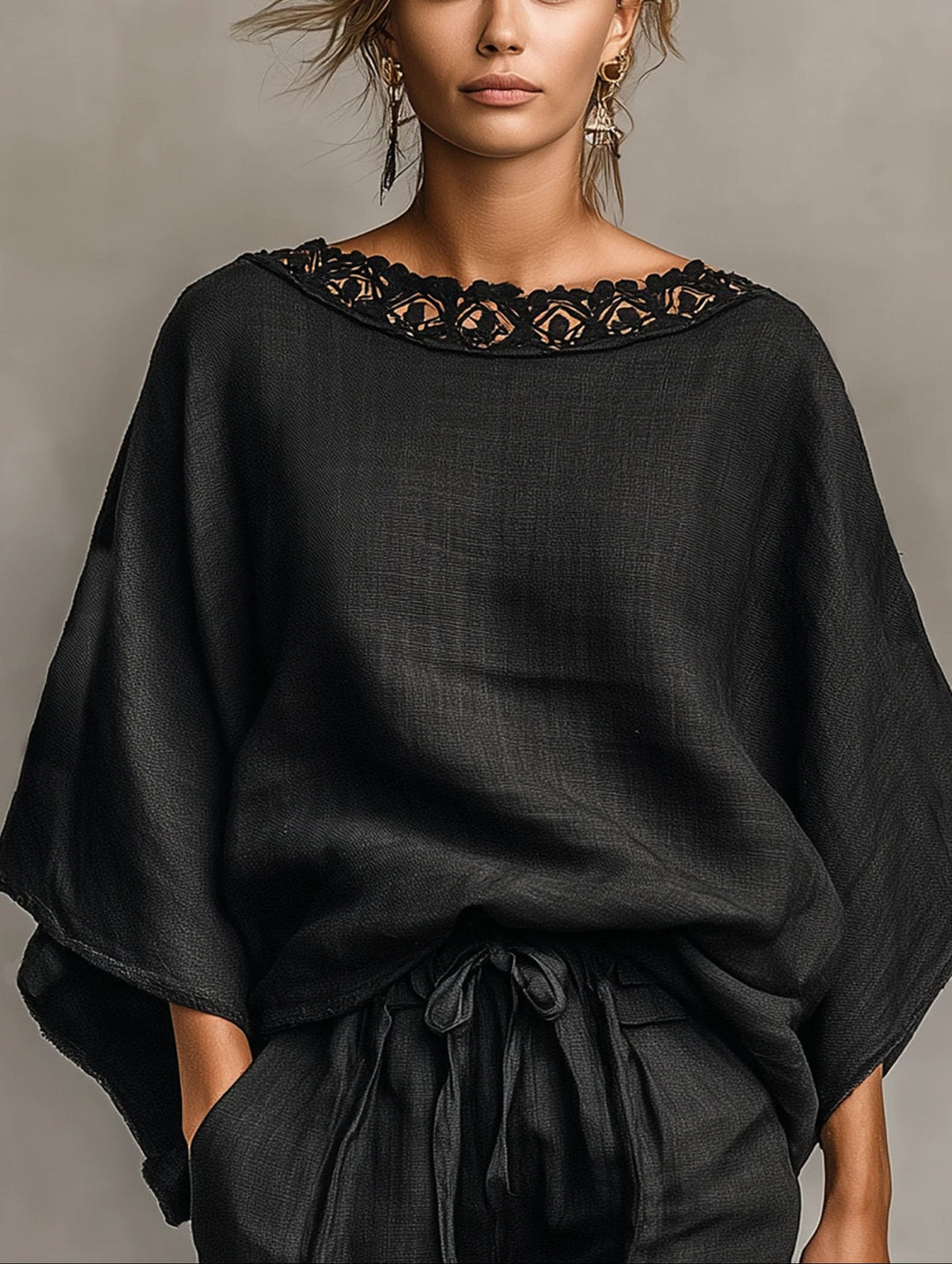 Conjunto de Blusa de Encaje con Cuello Barco Lila y Shorts