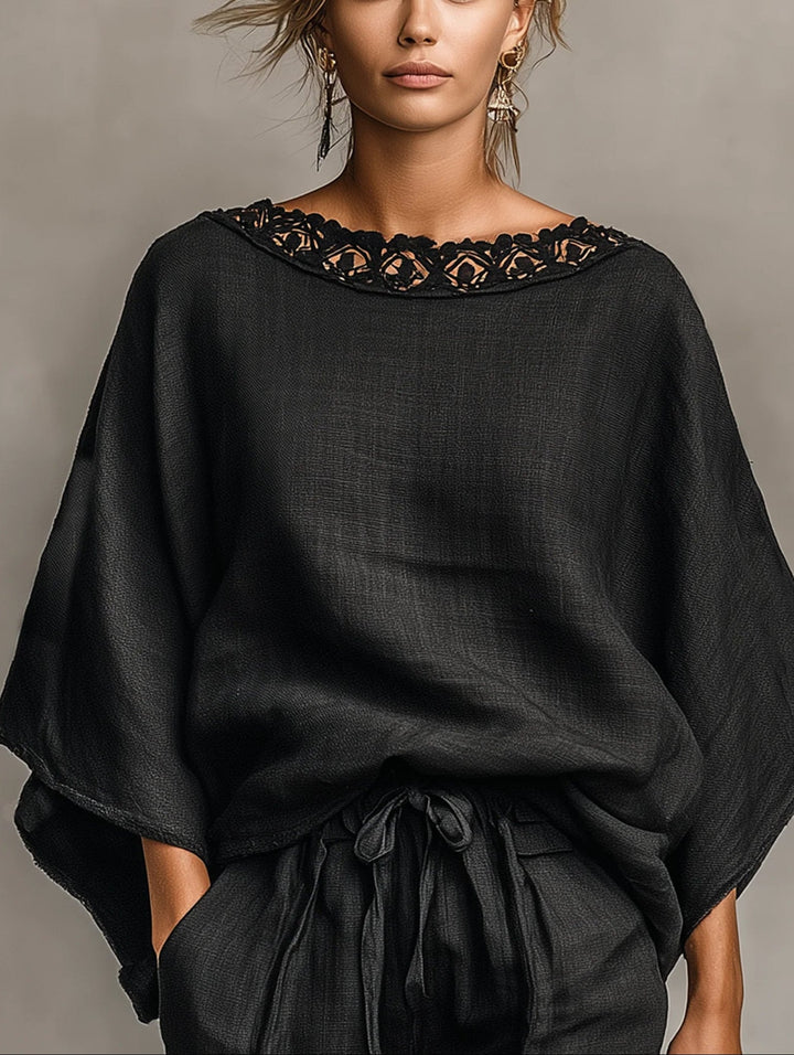 Conjunto de Blusa de Encaje con Cuello Barco Lila y Shorts