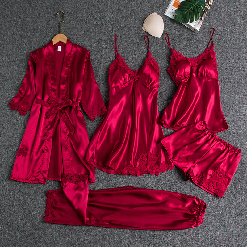 Rebecca | Conjunto de roupa de dormir de seda e renda com 5 peças