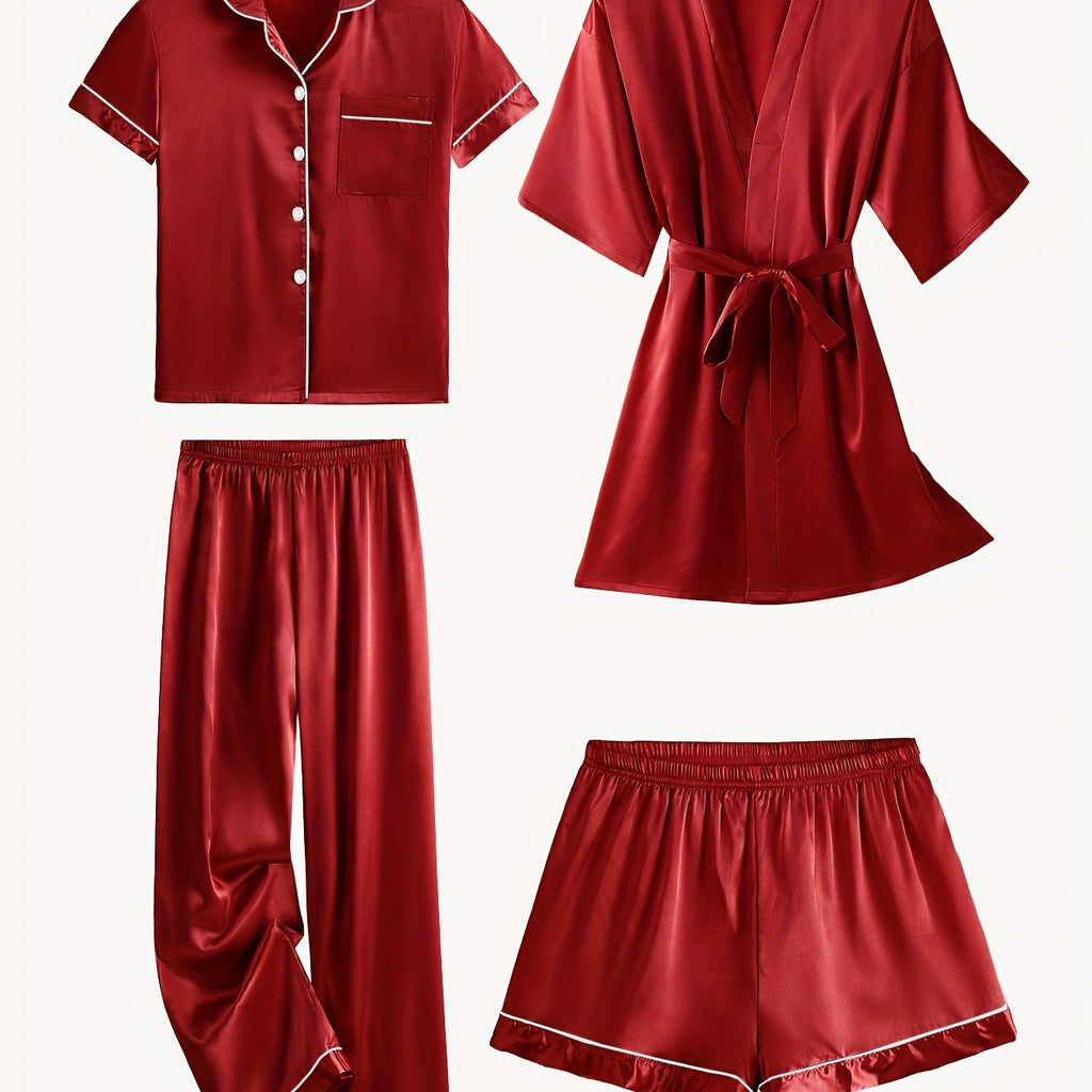 Juliette | 4-delige satijnen pyjamaset met effen print, halflange mouwen en badjas