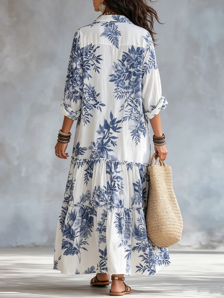 Dahlia | Vestido longo em camadas com estampa floral azul boêmia e abotoamento frontal