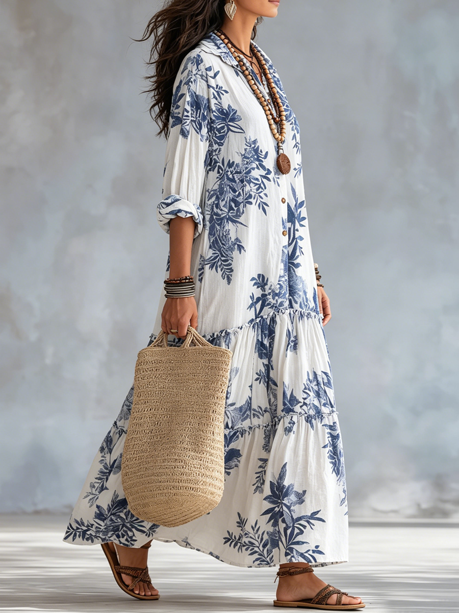Dahlia | Vestido longo em camadas com estampa floral azul boêmia e abotoamento frontal