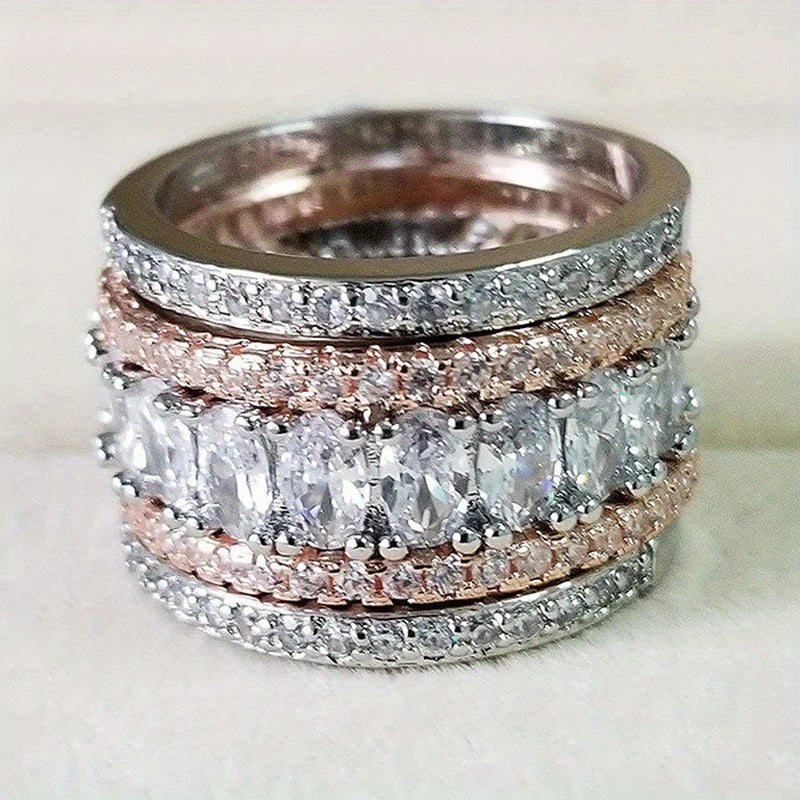 Elegant Wide Band Shiny Zirconia Two Color Ring