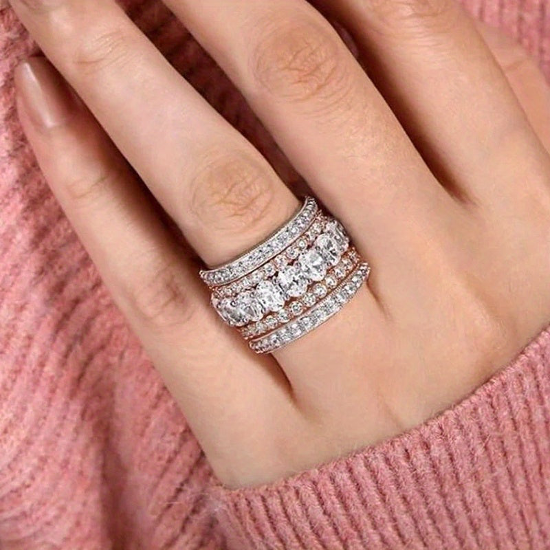 Elegant Wide Band Shiny Zirconia Two Color Ring