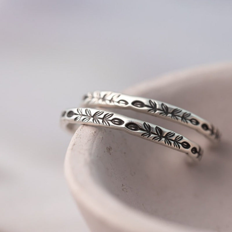 Vintage Botanical Bloom Engraved Silver Hoop Earrings