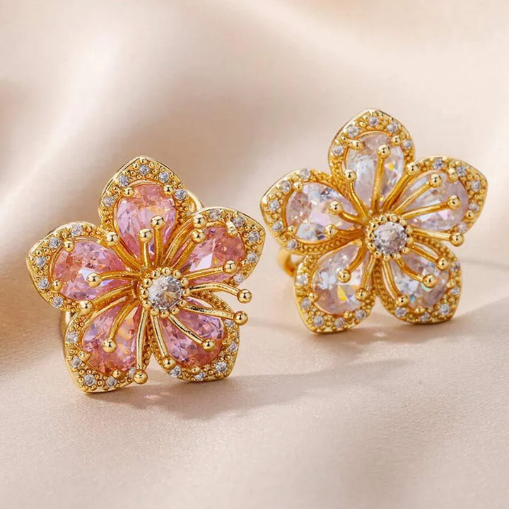 Elegant Gold Plated Pink Zirconia Flower Ring