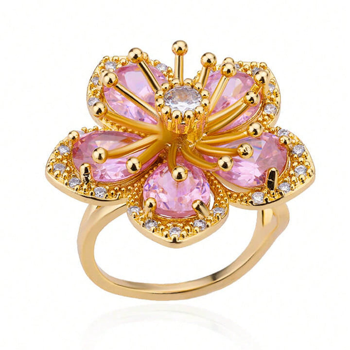 Elegant Gold Plated Pink Zirconia Flower Ring