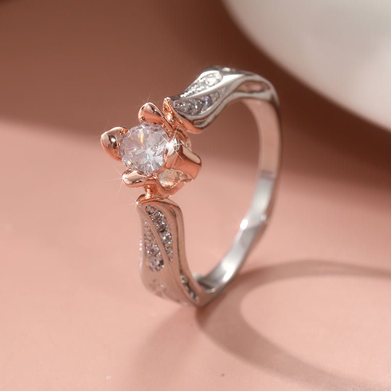 Elegant Silver Plated Zirconia Inlaid Two Tone Rose Flower Ring