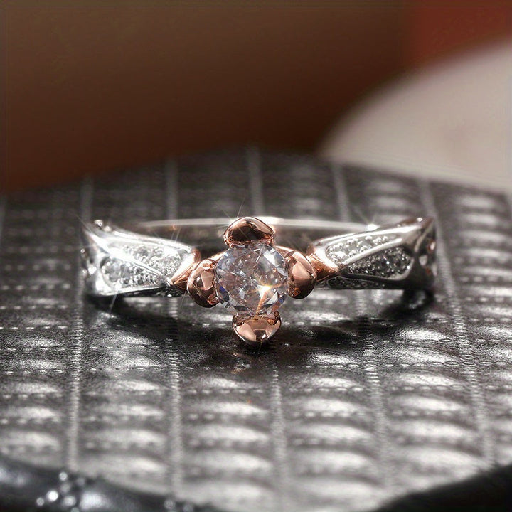 Elegant Silver Plated Zirconia Inlaid Two Tone Rose Flower Ring