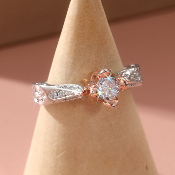Elegant Silver Plated Zirconia Inlaid Two Tone Rose Flower Ring