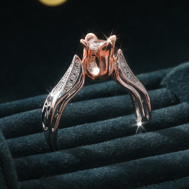 Elegant Silver Plated Zirconia Inlaid Two Tone Rose Flower Ring