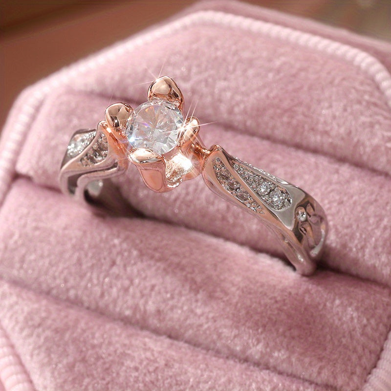 Elegant Silver Plated Zirconia Inlaid Two Tone Rose Flower Ring