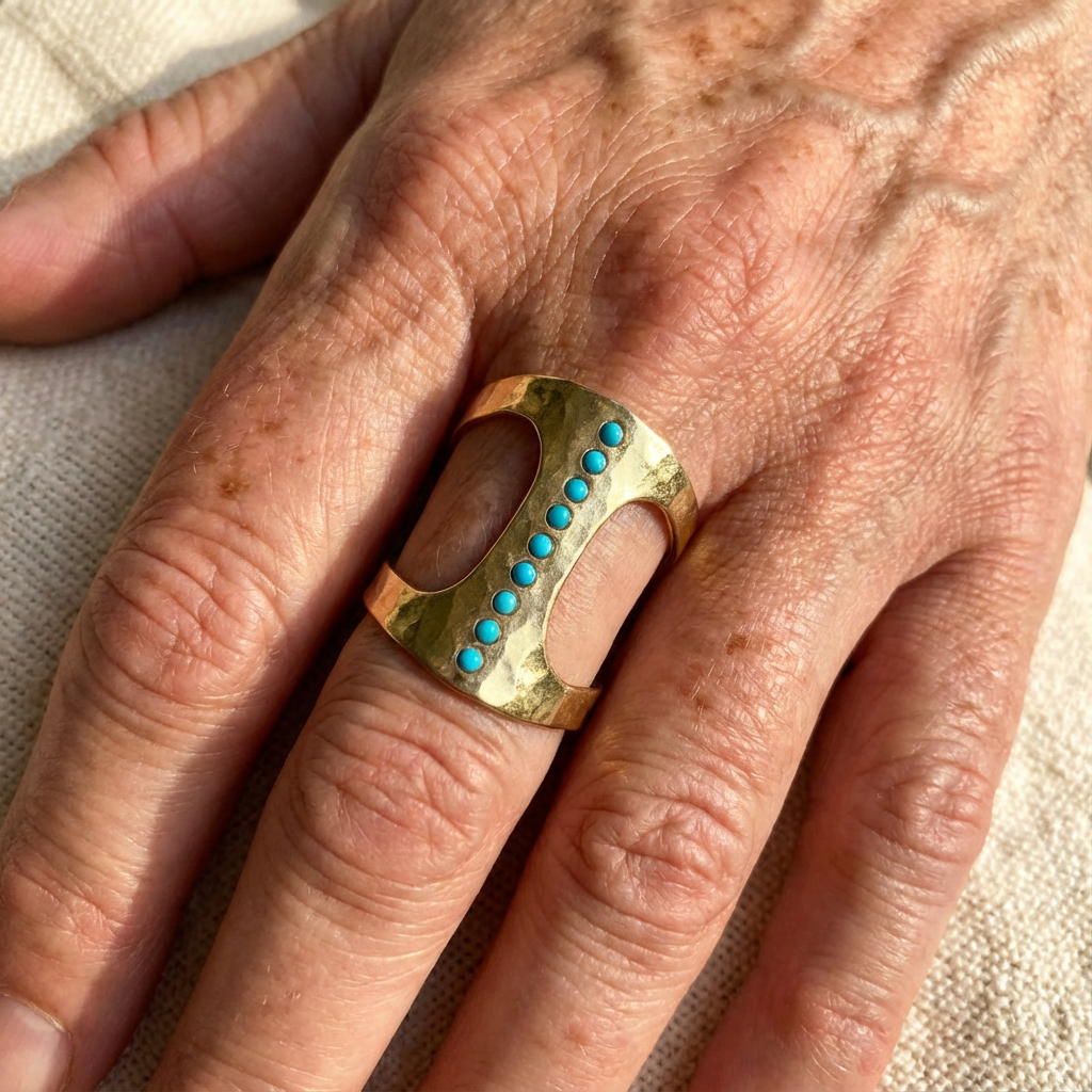 Vintage Handcrafted Turquoise Dot Cuff Ring