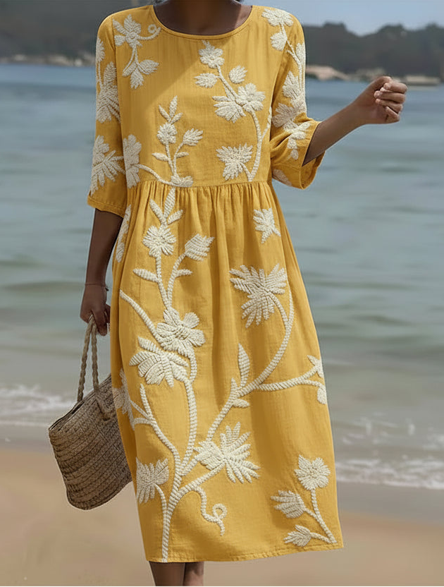 Yassy | Vestido Midi com Estampa de Plantas e Flores