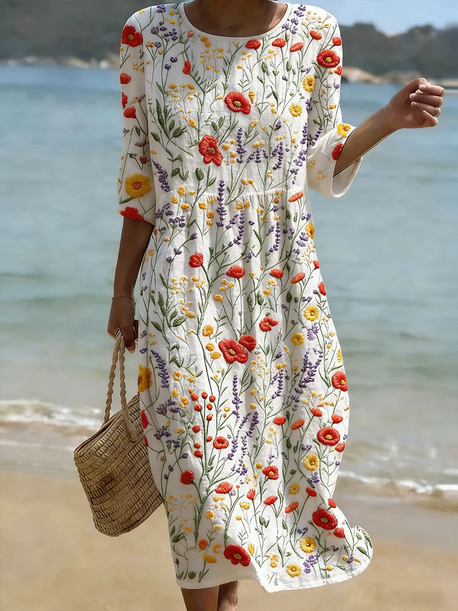 Christina | Vestido Longo com Estampa Floral e Gola Redonda