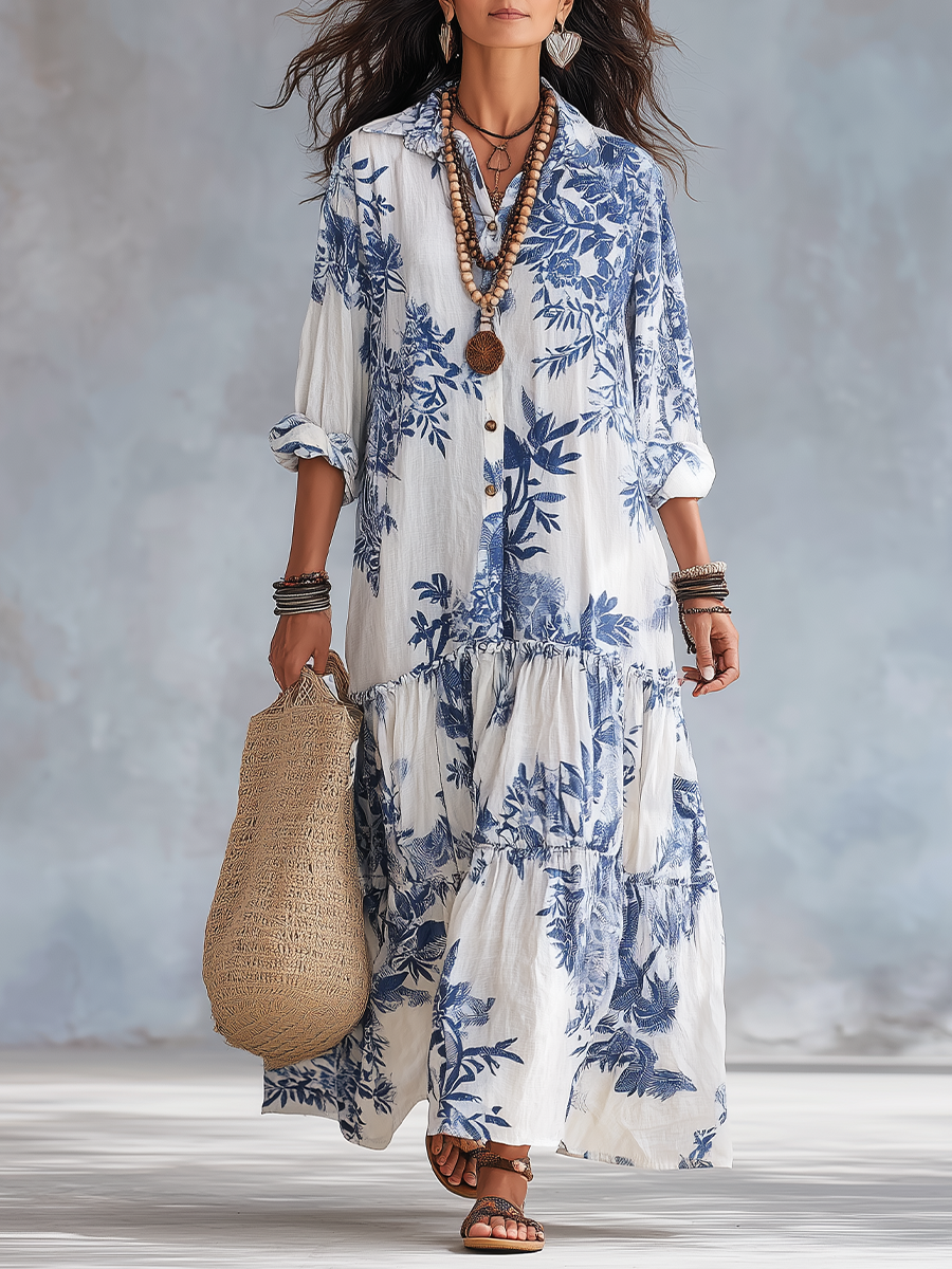 Dahlia | Vestido longo em camadas com estampa floral azul boêmia e abotoamento frontal