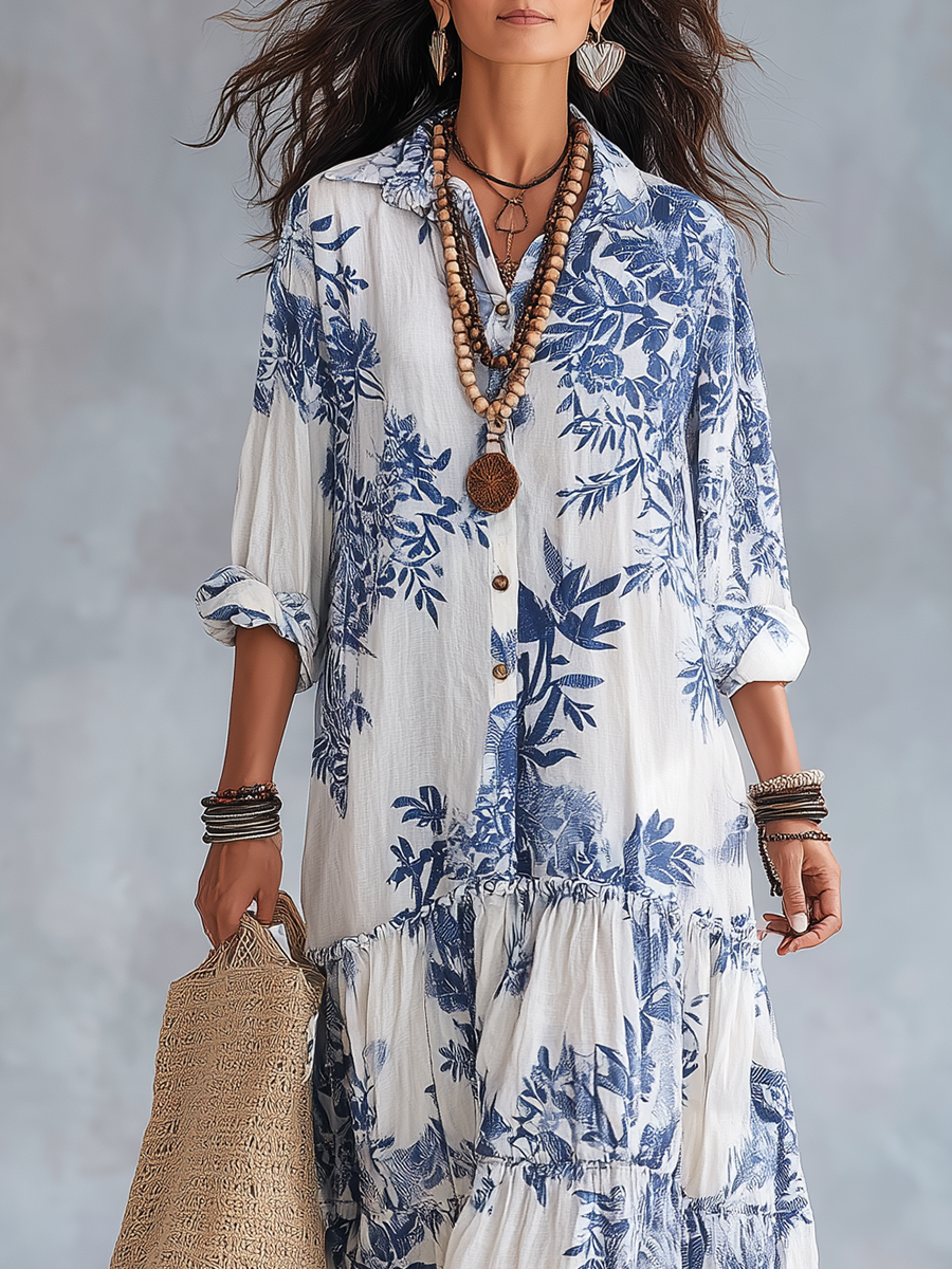 Dahlia | Vestido longo em camadas com estampa floral azul boêmia e abotoamento frontal