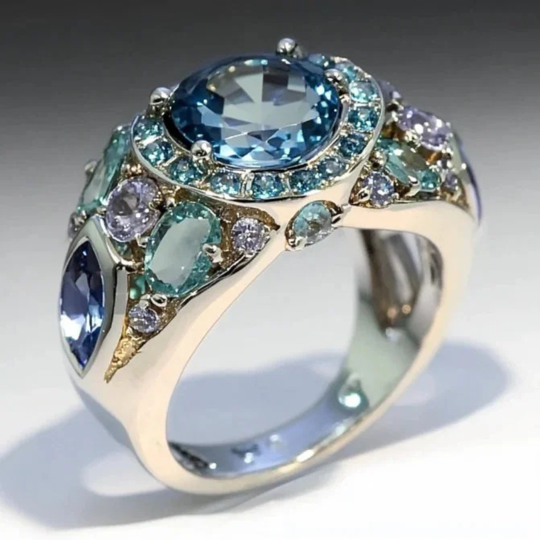Stylish Geometric Multi-Stone Blue Crystal Ring