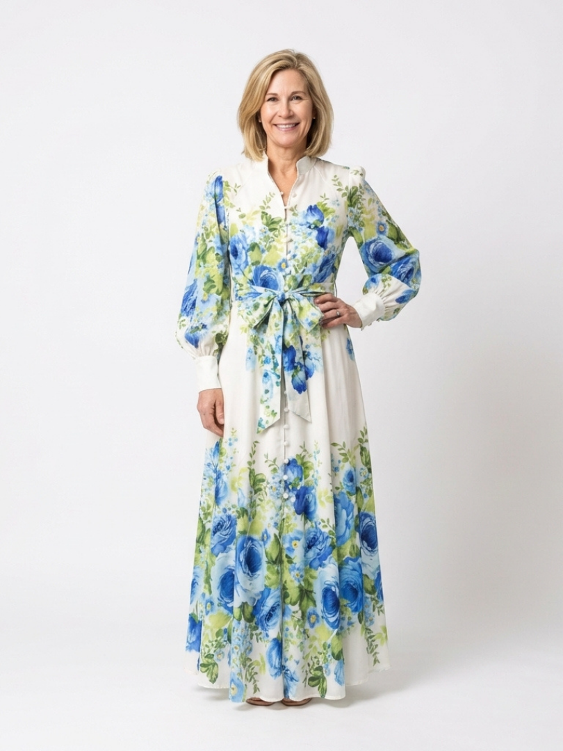 Harper | Vestido longo floral de mangas longas com botões frontais