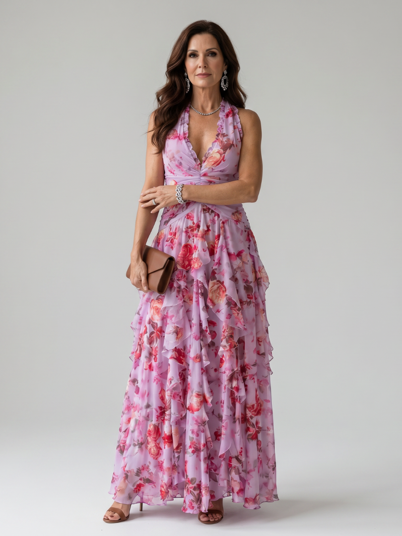 Nori | Haltermaxi-jurk met geplooid lijfje en bloemenprint