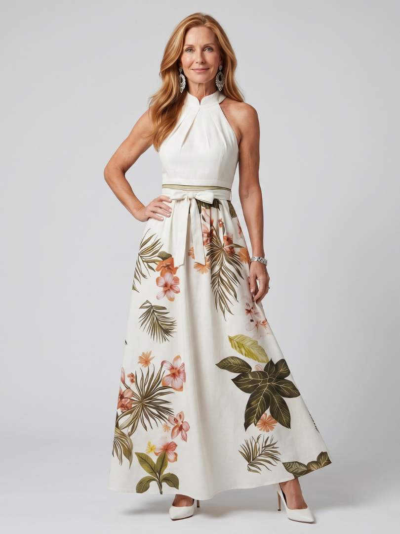 Meadow | Robe longue à panneaux botaniques drapés et licou
