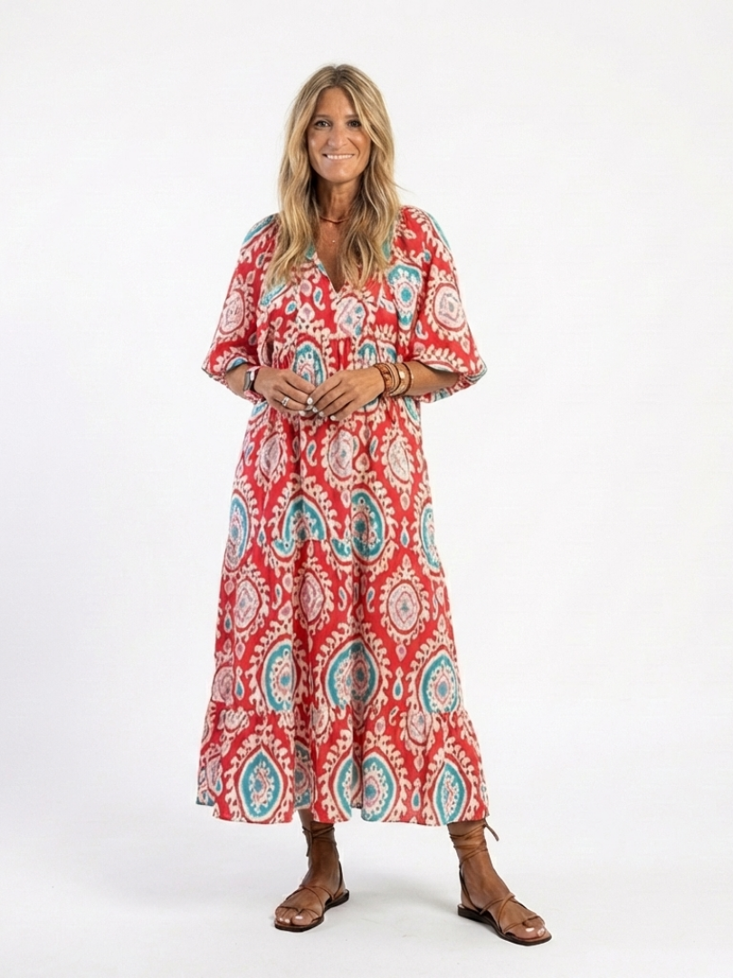 Zaria | Vestido midi de manga corta con estampado paisley y escote en V
