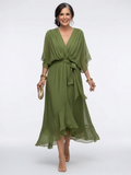 Elysia | Vestido Midi com Decote em V, Cintura Drapeada e Amarração