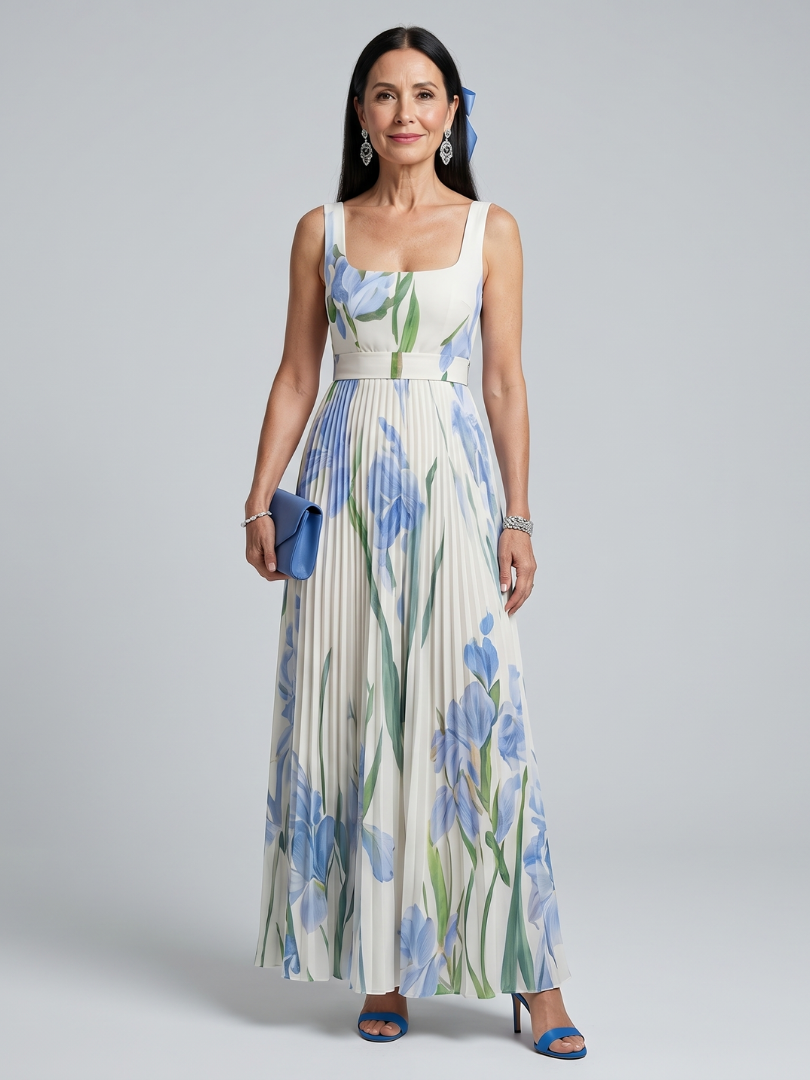 Ophelia | Vestido midi sem mangas com decote quadrado e estampa floral