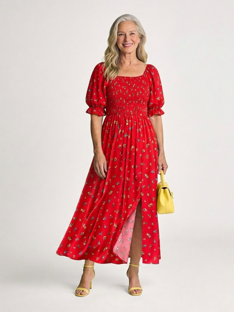 Delphine | Vestido midi floral com decote quadrado e mangas bufantes