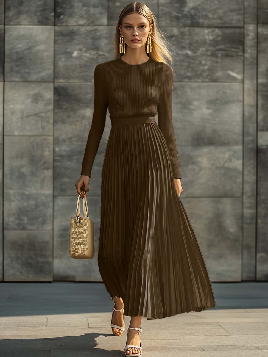 Charlotte ribbed knit top and pleated midi skirt set by Bennett and Lowe, styled as a coordinated maxi dress ensemble.