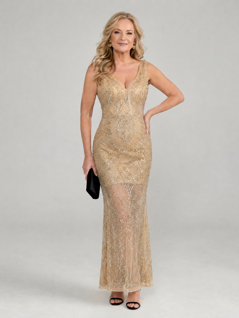 Sirea | Abito midi con paillettes, senza maniche e inserti trasparenti