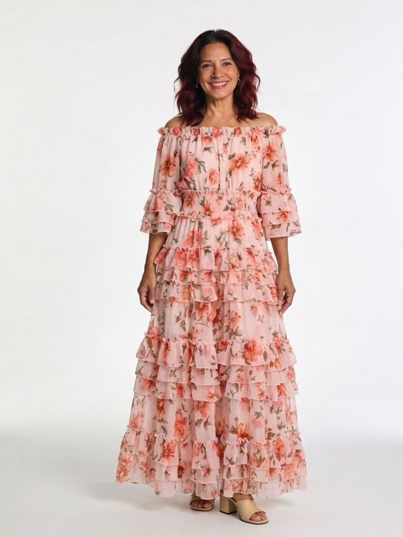 Rosalie | Vestido largo floral con volantes y capas de hombros descubiertos
