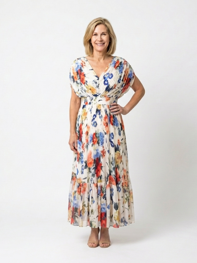 Savannah | Geplooide midi-jurk met korte mouwen en bloemenprint