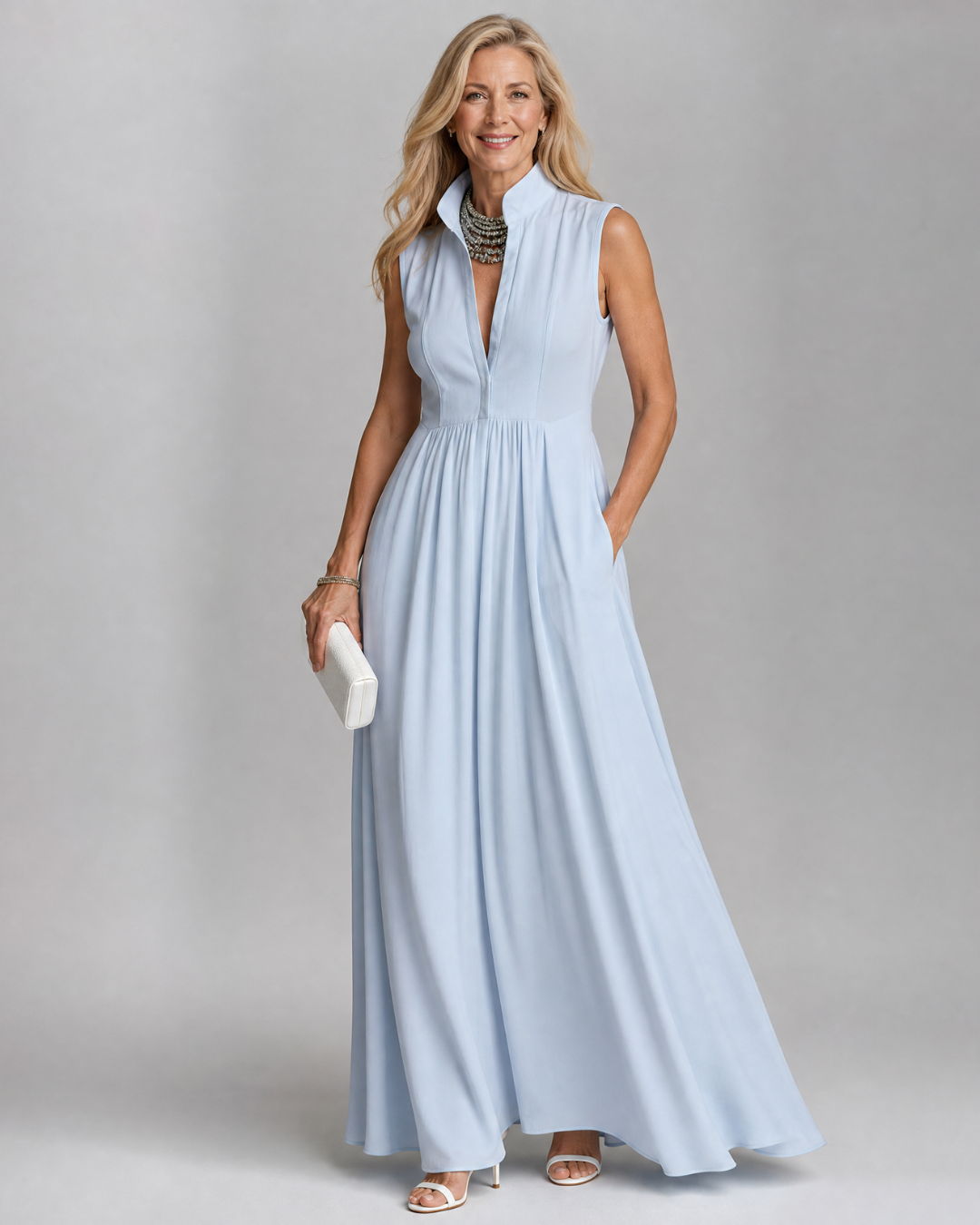 Virelia | Robe longue fluide sans manches à col chemise