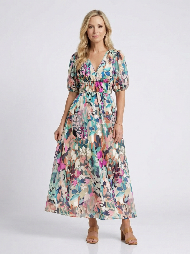 Eulalie | Vestido midi de manga corta, escote en V y cintura fruncida