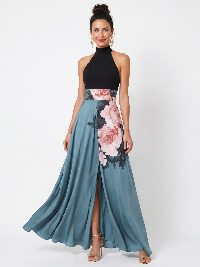 Olympas | Vestido longo com saia floral e corpete frente única
