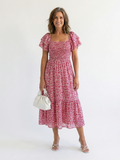 Odette | Vestido midi floral fruncido de hombros descubiertos