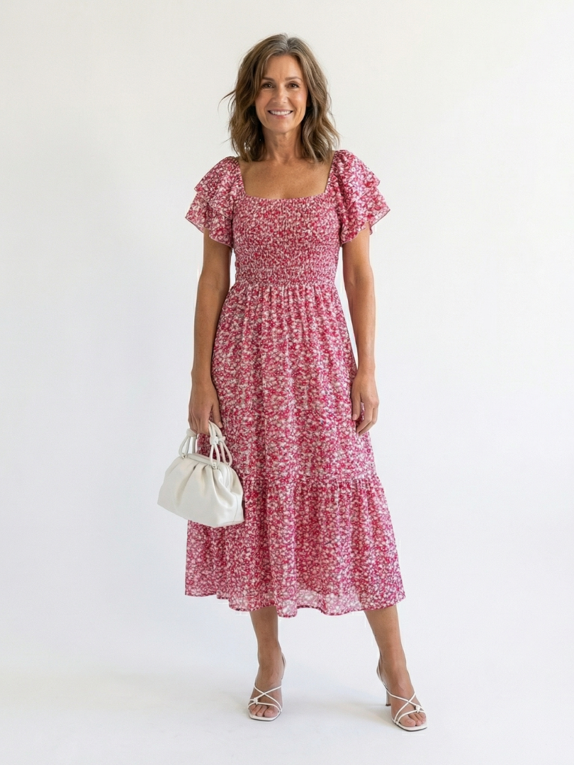 Odette | Vestido midi floral fruncido de hombros descubiertos