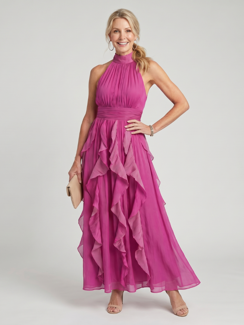 Orea | Vestido largo con volantes y frunces, de cuello alto