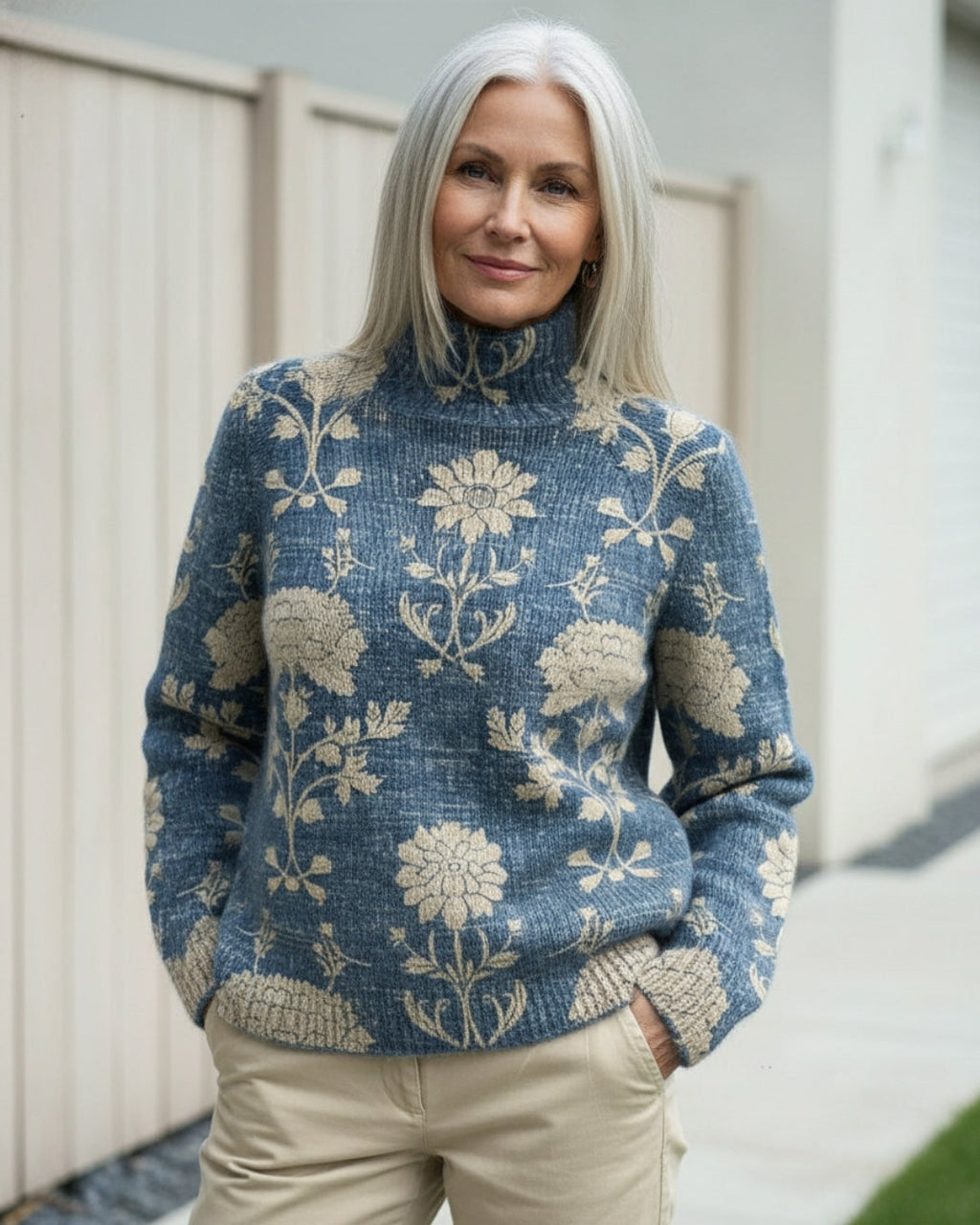 Evelyn | Maglione elegante a collo alto con motivi floreali