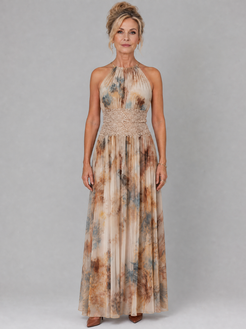 Elavenue | Vestido largo de encaje con cuello halter y cintura