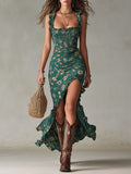 Sara | Vestido longo de estilo boho retrô com mangas bufantes e fenda alta