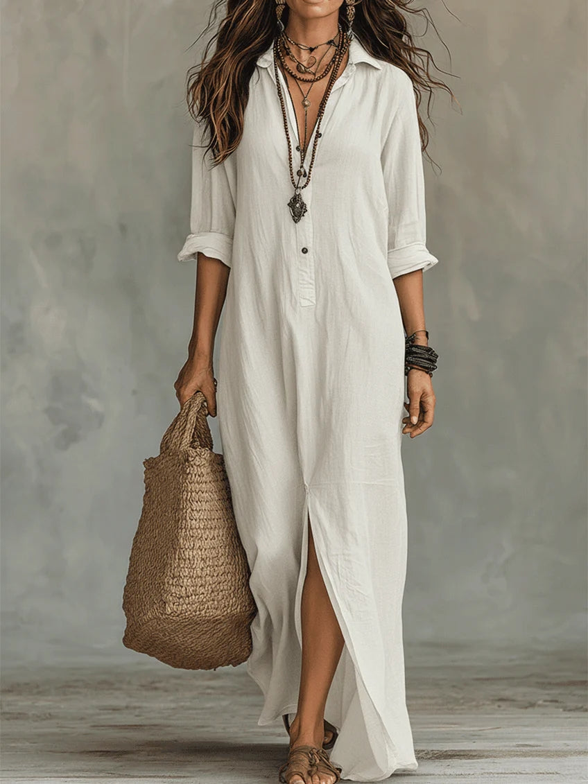 Soline | Vestido largo holgado con cuello en V y botones
