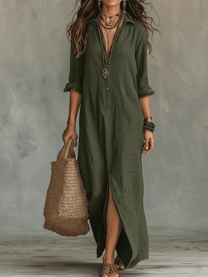 Soline | Vestido Largo Relajado con Escote en V y Botones